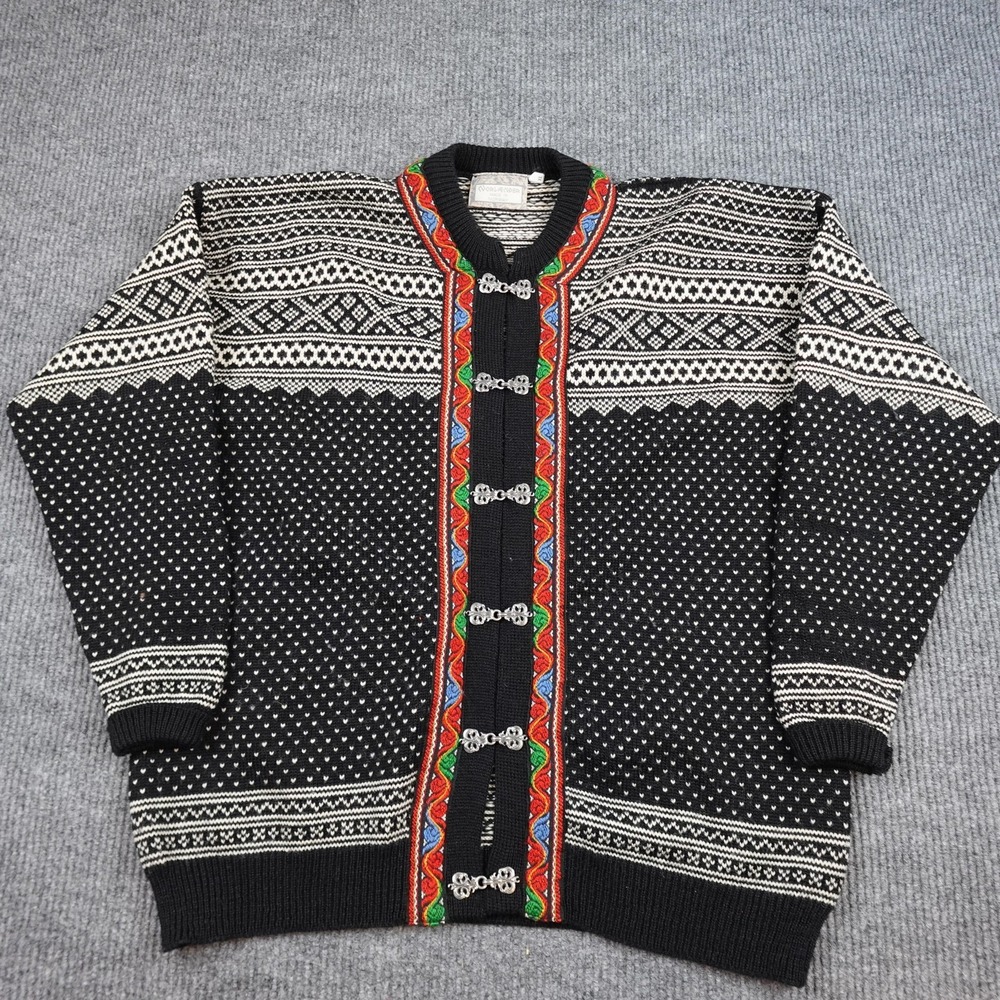 Norlender Sweater Womens XL Black Wool Knit Cardigan Fair Isle Norway Clasps
